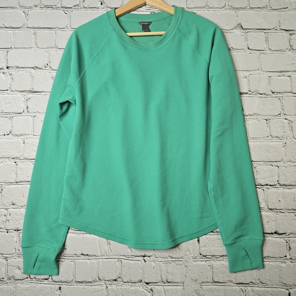Eddie Bauer Vibrant Bright Green Long Sleeve Waffle Knit Scoop Neck Thumbhole TL
